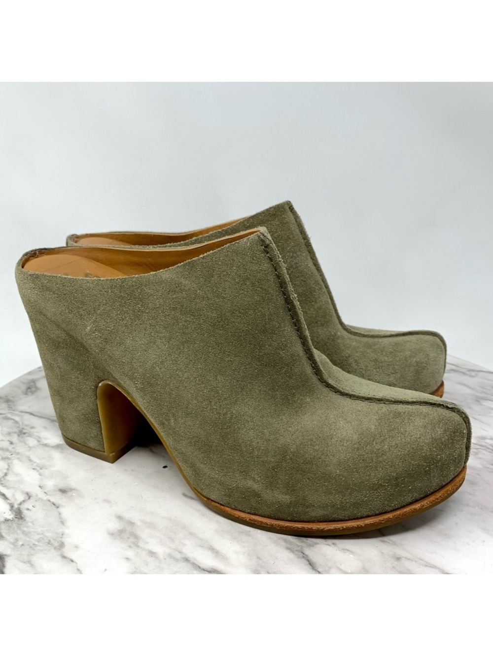 Kork-Ease Sagano Block Heel Green Suede Comfort Clogs 6 Classic Retro Artsy Chic